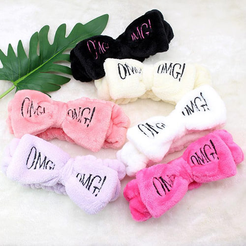 Adjustable Elastic Wide Coral Fleece Hair Bow Cross Headbands OMG Letter Word Bath Shower Make Up Fa