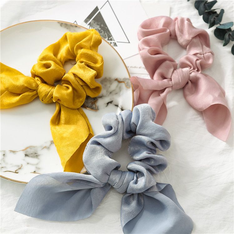 Custom Hair Accessory Fashion Korean Silk Bunny bow Hair Ring Satin Woman Scrunchies hair crunches