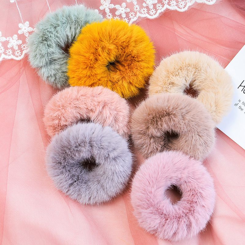 Women Girl kid's Rabbit Faux Fur Fluffy Ball scrunchies Elastic Ponytail Holder Hair Rope Hair Acces