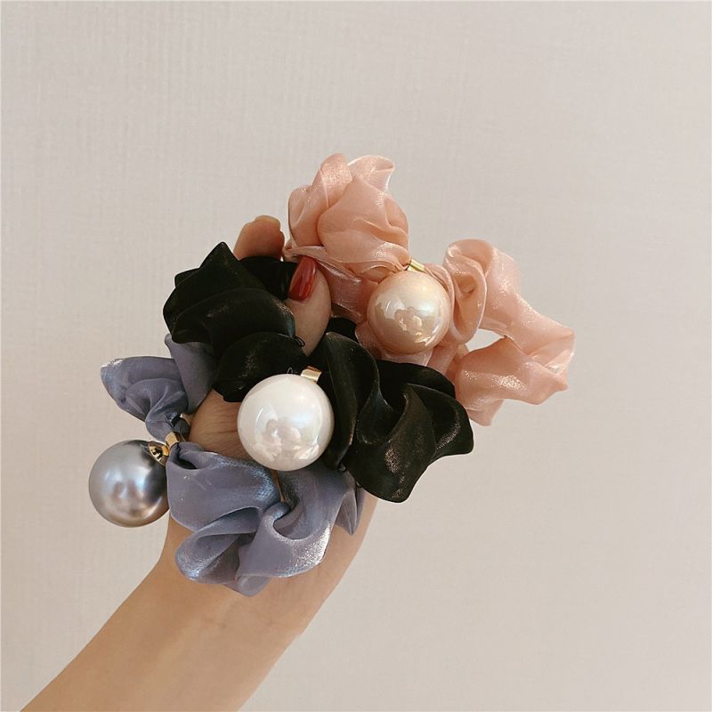 Customized Fashion Silk Hair Scrunchies Ponytail Holder Pearl Hair Tie Hair Rope Rubber Bands Access