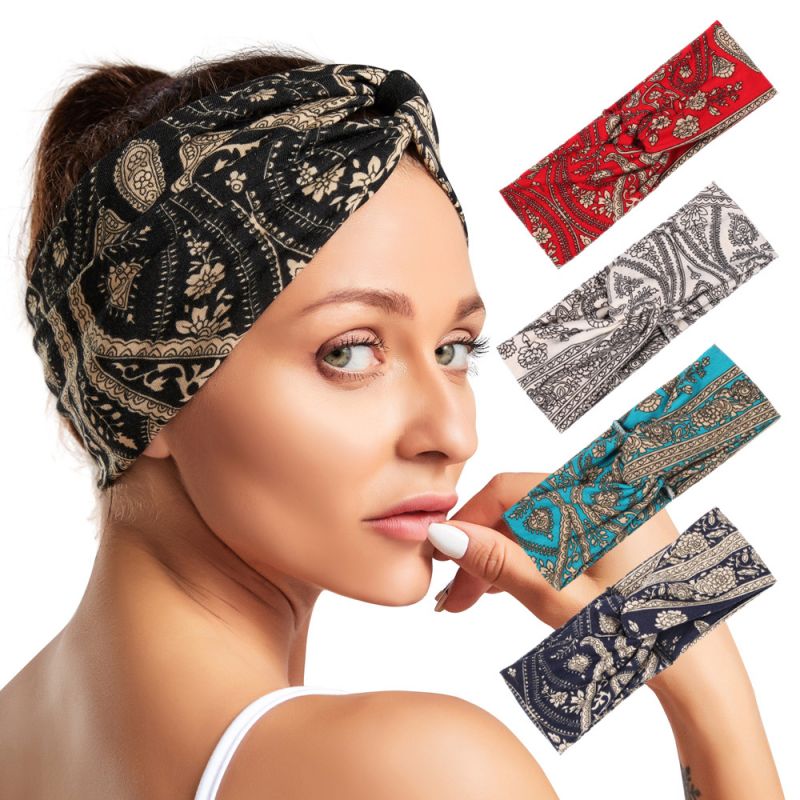 Boho Headbands for Women Girls Wide Bohemian Knotted Yoga Headband Head Wrap Hair Band