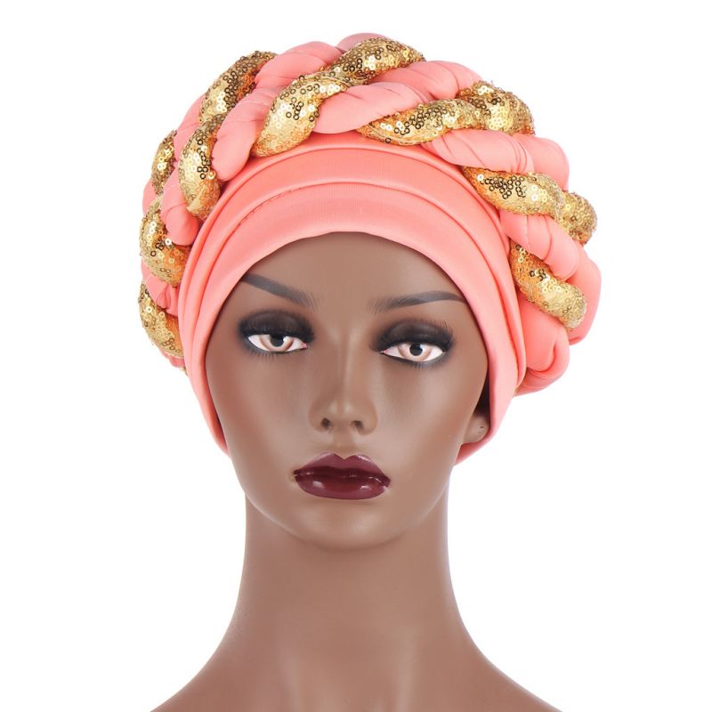 Muslim Braid Turban Women Bandanas Turban Hat For Women Female Headscarf African Turban With Sequin